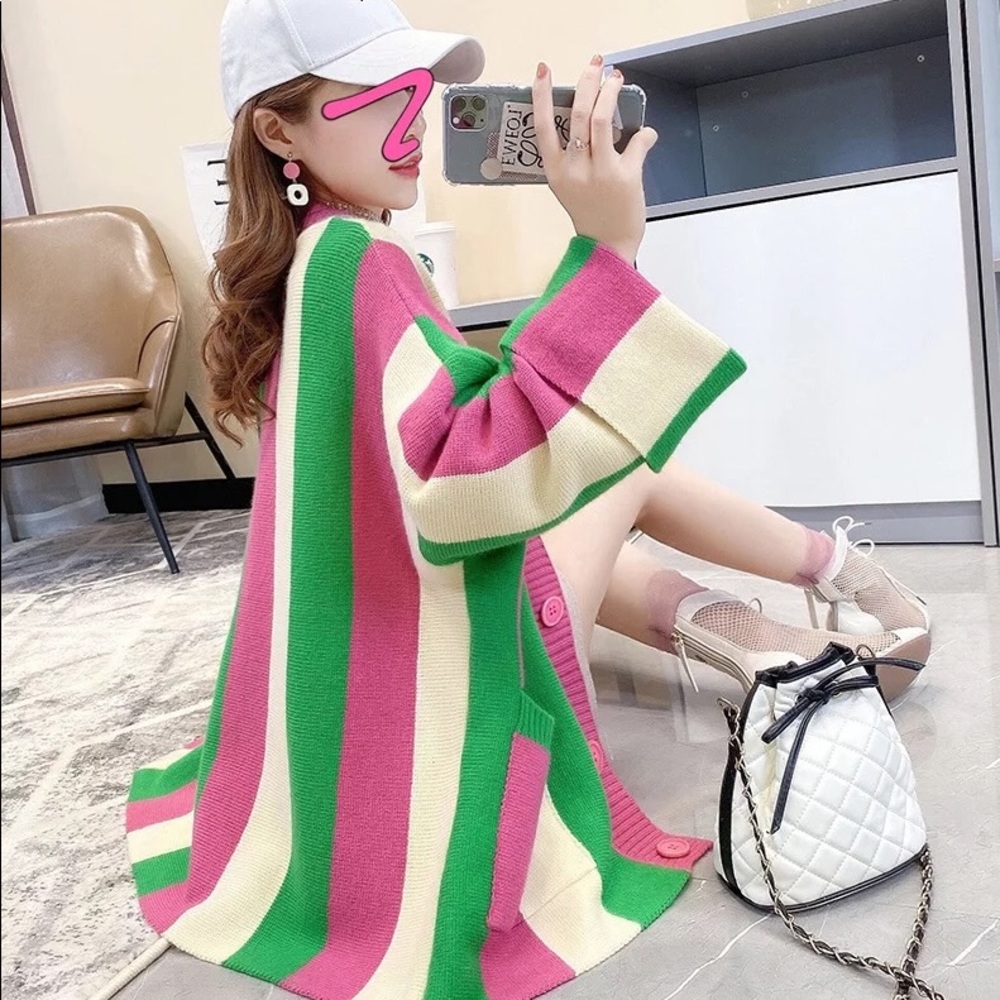 Stripe cardigan green pink wide sleeve pocket sweater button